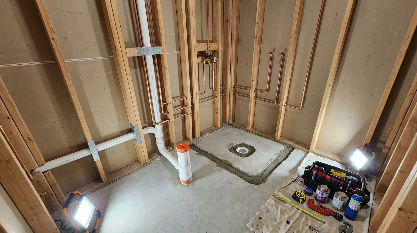 Bathroom rough-in plumbing during remodel by Johns Plumbing LLC in Hillsdale