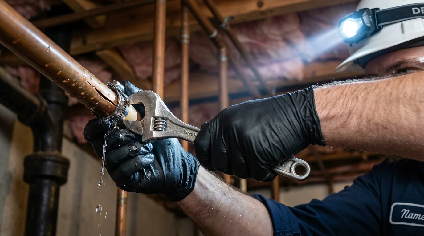 Emergency pipe clamp repair being performed by a Johns Plumbing LLC plumber in Hillsdale