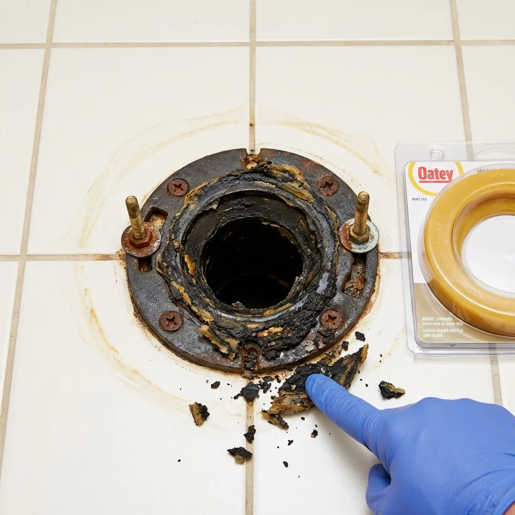 Failed wax ring showing water seepage at the base of a toilet in a Hillsdale, NJ home