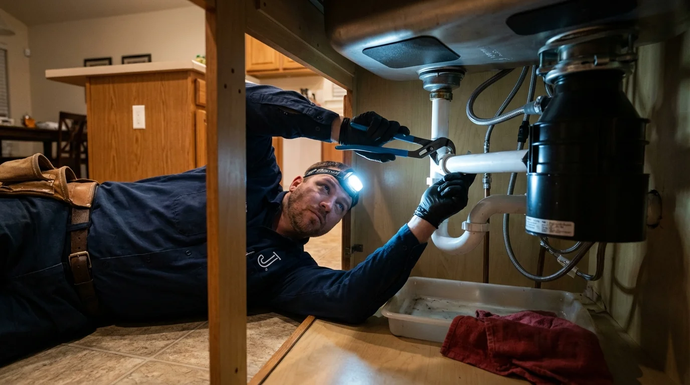 P-trap and supply line connections under a kitchen sink showing a common leak point in Hillsdale, NJ